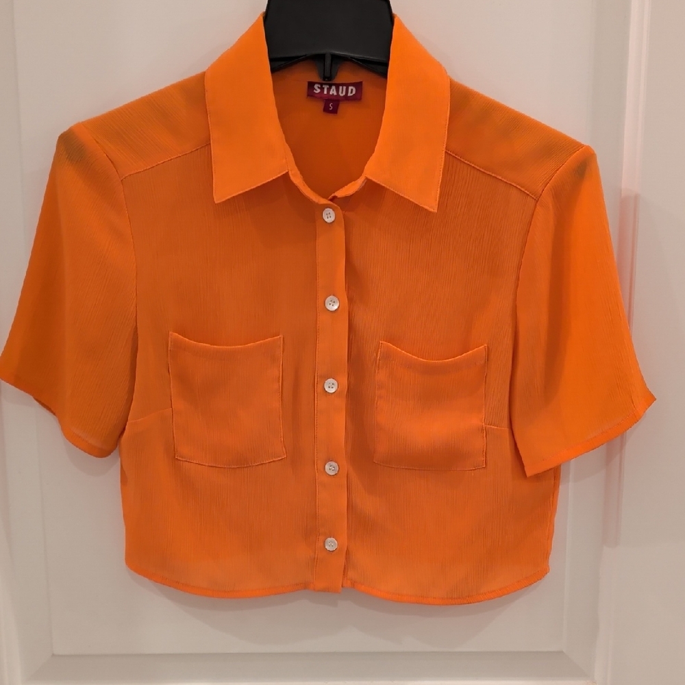 Staud Orange Cropped Short Sleeve Button Up Top